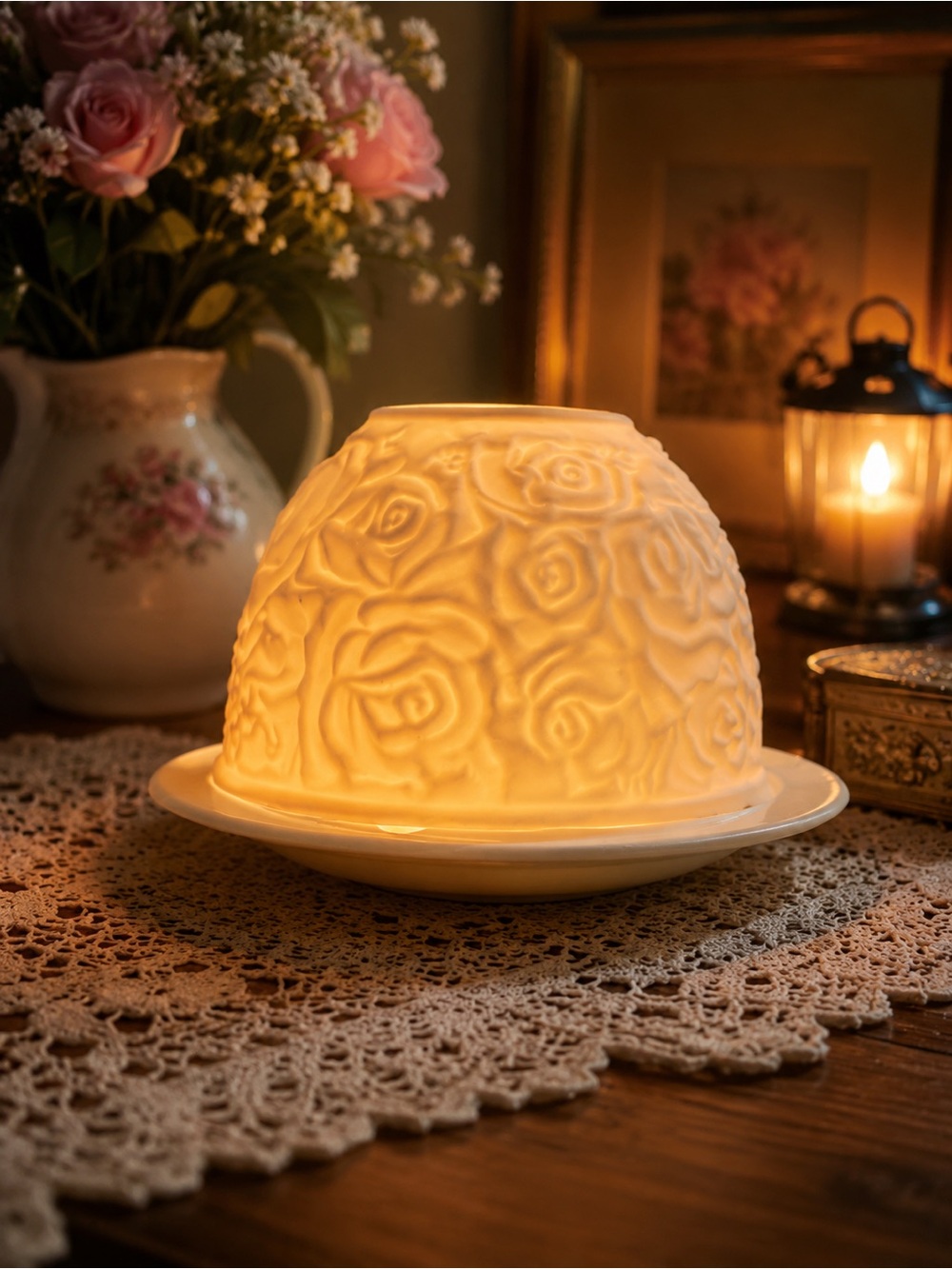 White Lithophane Luminary Dome Bisque Rose Design 2pc Fairy Lamp